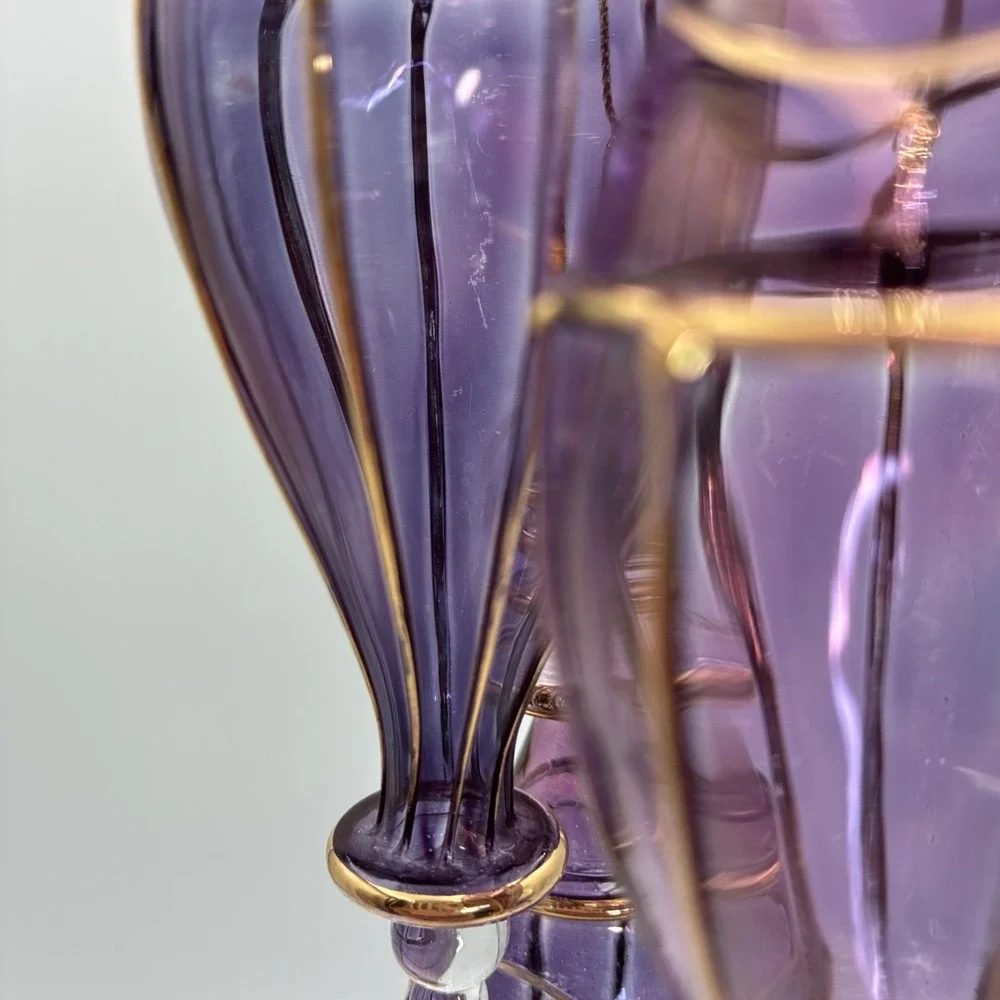 Purple Hand Blown Glass Ornaments Gold Filigree Teardrop Finial Set of 3 6